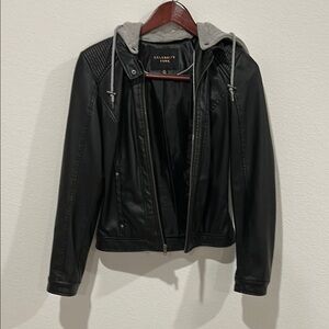 Celebrity Pink Women's Black Vegan Leather Jacket with Detachable Gray Hood